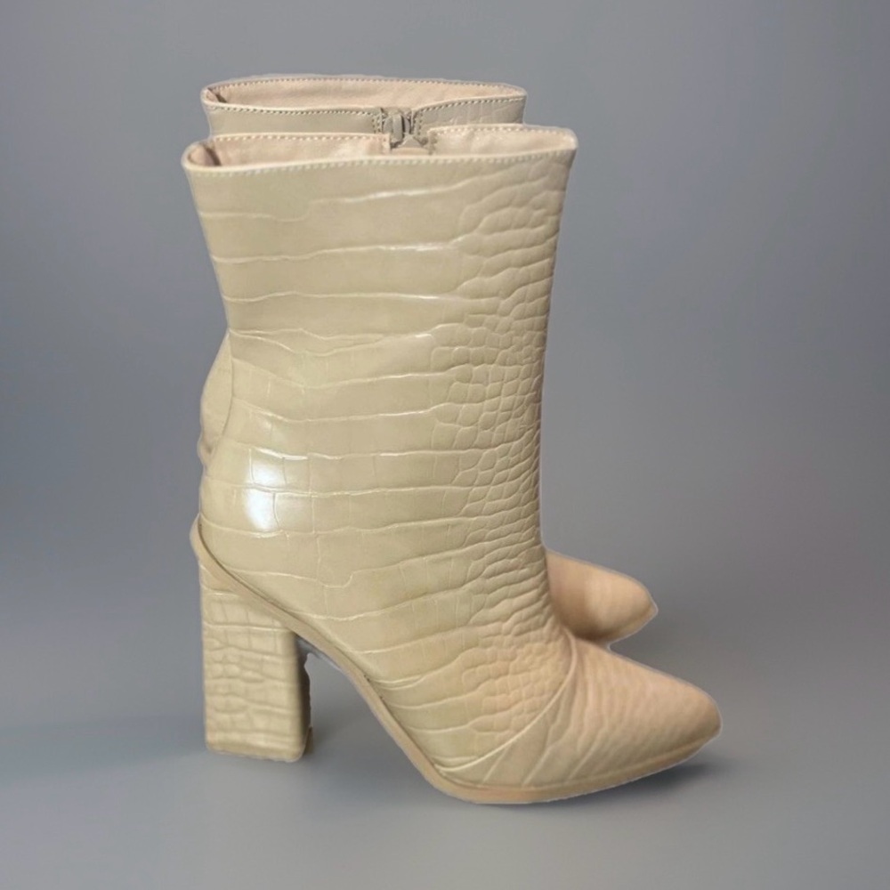 Lulus Wendi Light Nude Crocodile-Embossed Pointed-Toe Mid-Calf Boots Size 8.5